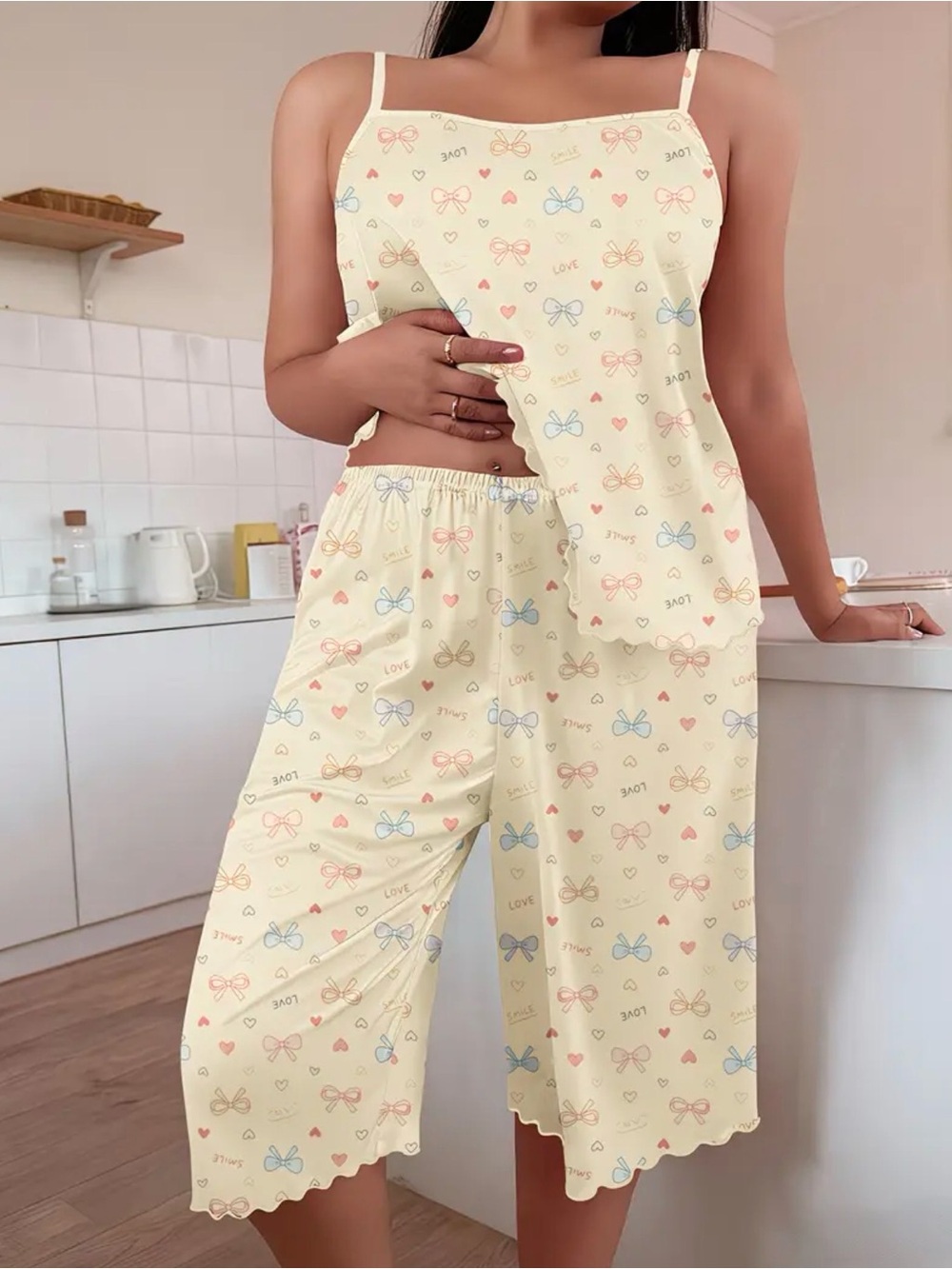 Women's Cream Bow-Print Sleep lounge Set - Boutique New Plus size - Picture 4 of 5